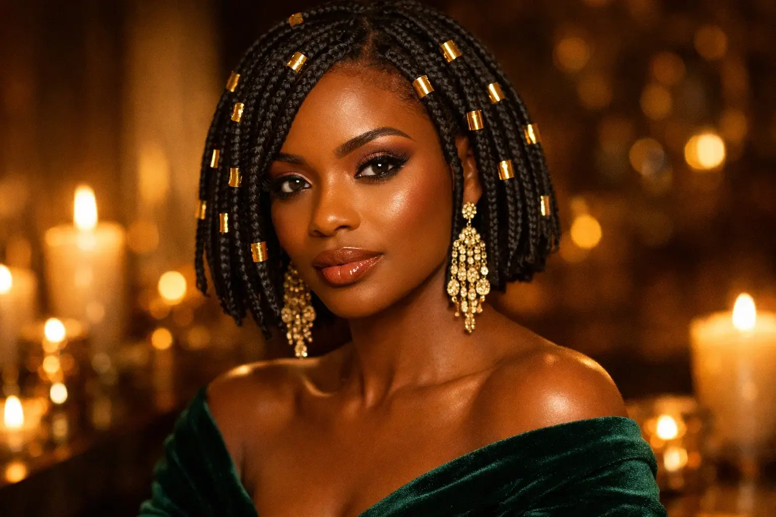 Short Box Braids with Gold Cuffs