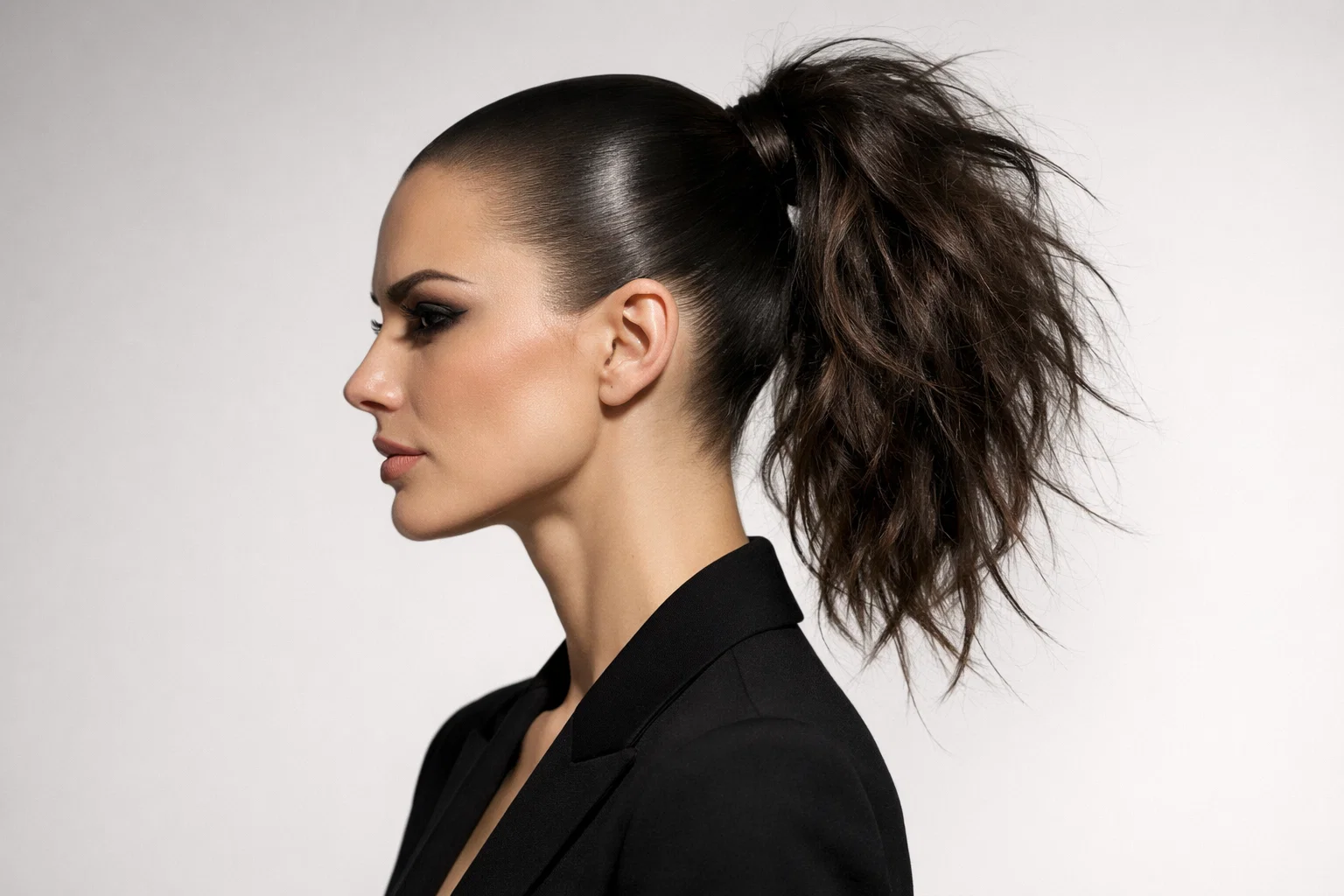 Sleek Base with Messy Ponytail Ends