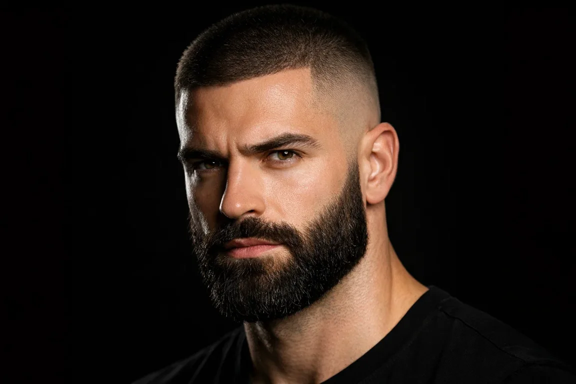 High Fade Buzz Cut with a Full Beard