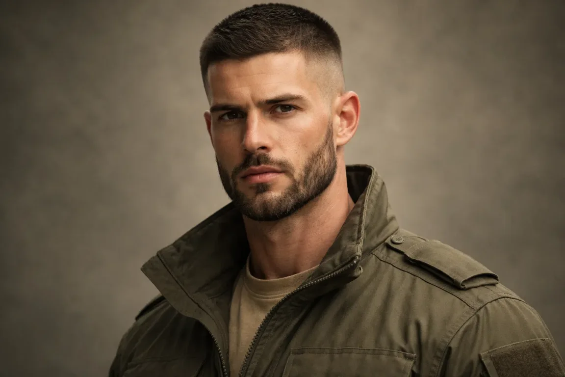 Military Buzz Cut with a Neat Medium Beard
