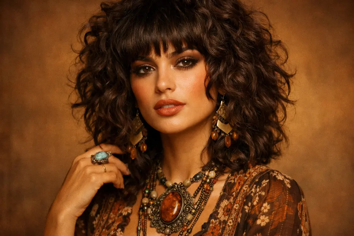 The Textured Curly Shag with Full Bangs