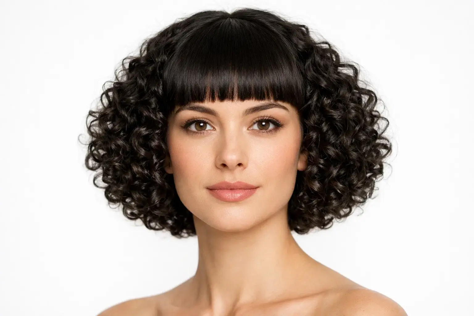 Tight Ringlets with a Classic Bob and Blunt Fringe for Oval Faces