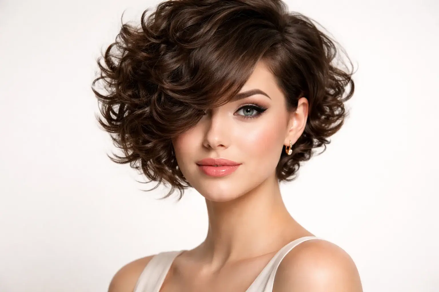 Voluminous Curls with Asymmetrical Bangs for Round Faces