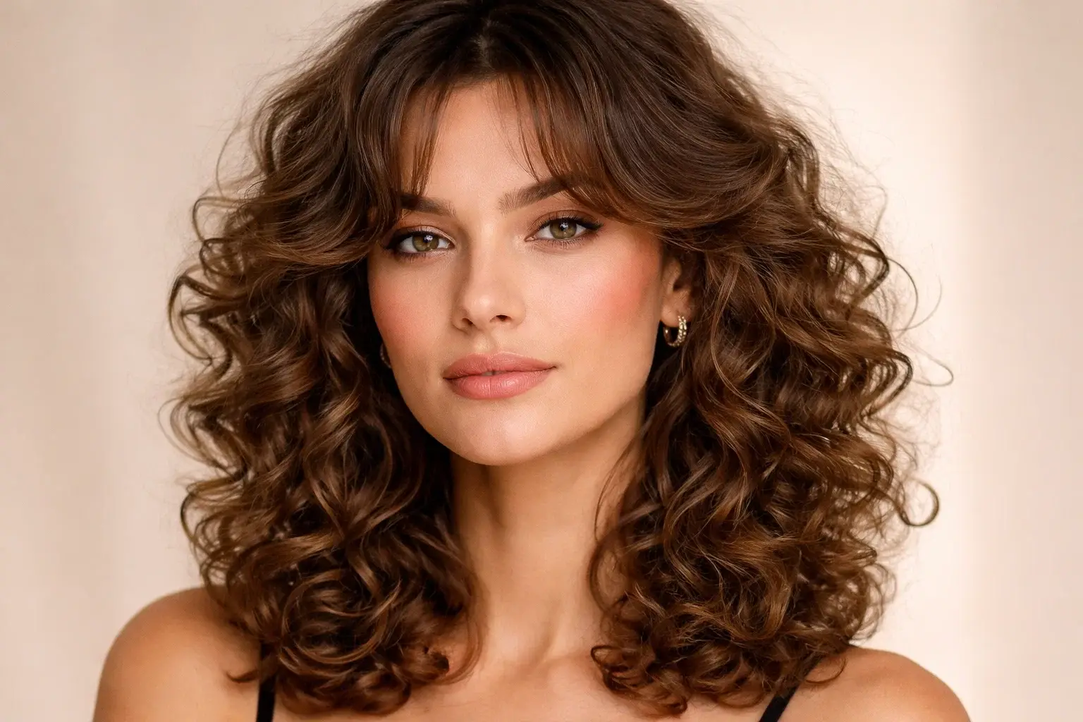 Layered Curls with Curtain Bangs for Square Faces