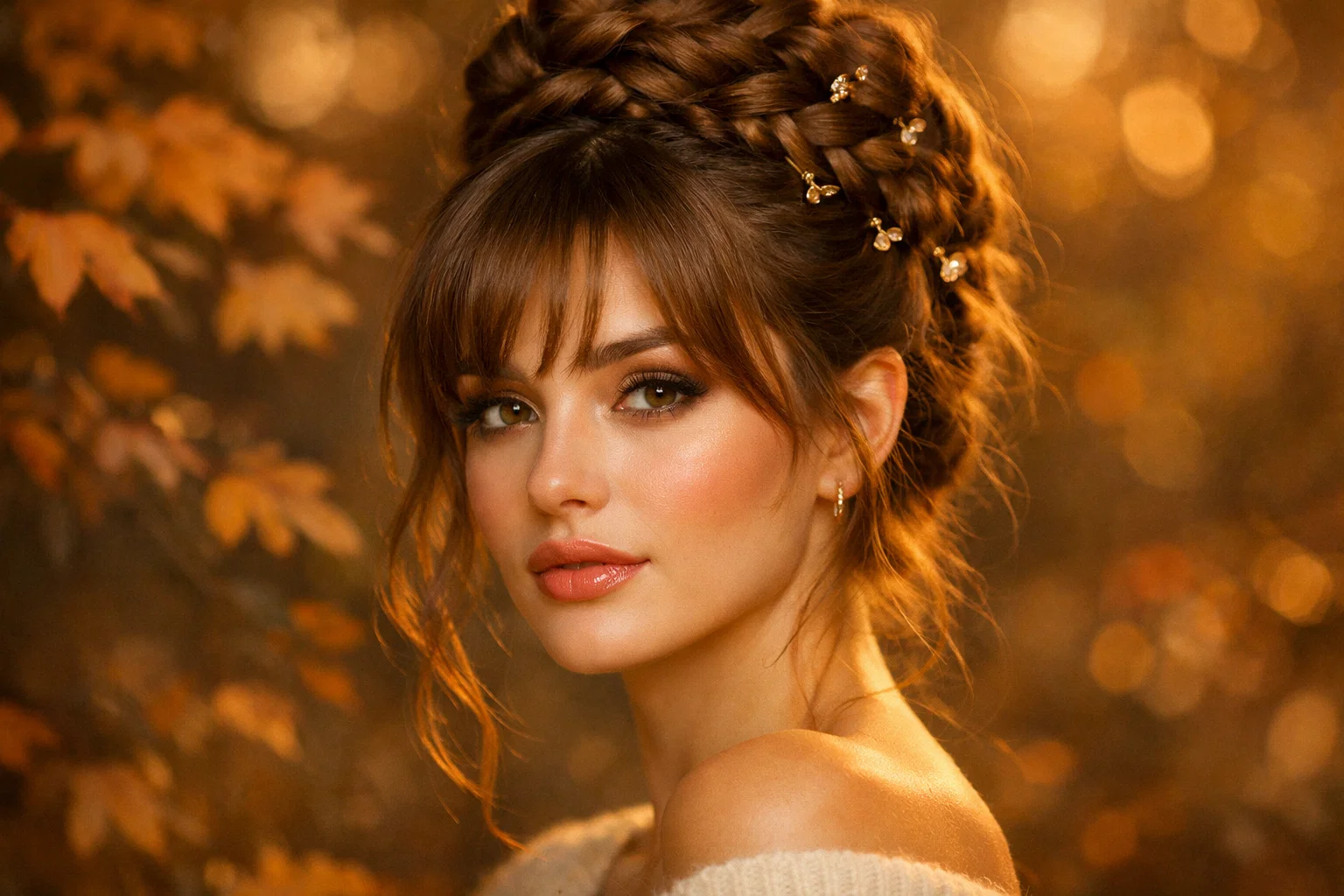 Dutch Braid Updo with Face-Framing Bangs