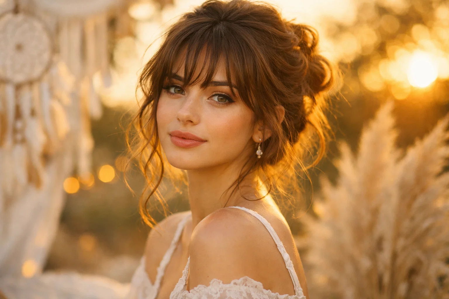 Romantic Loose Updo with Wavy Bangs