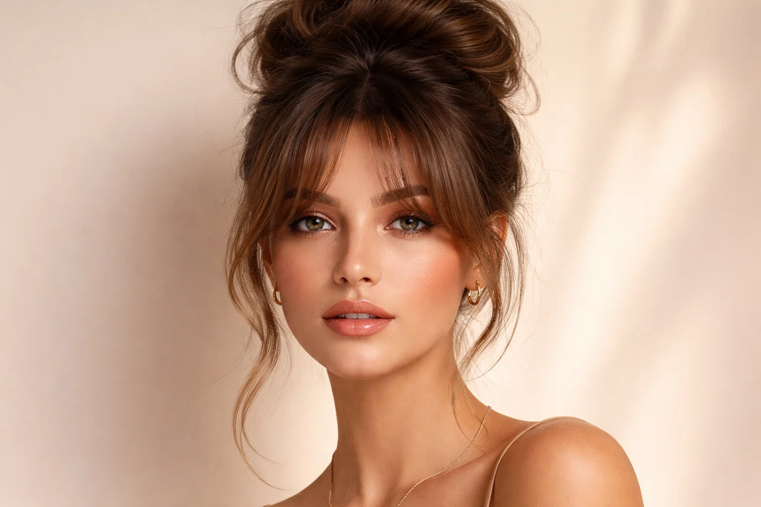 Voluminous High Bun with Curtain Bangs