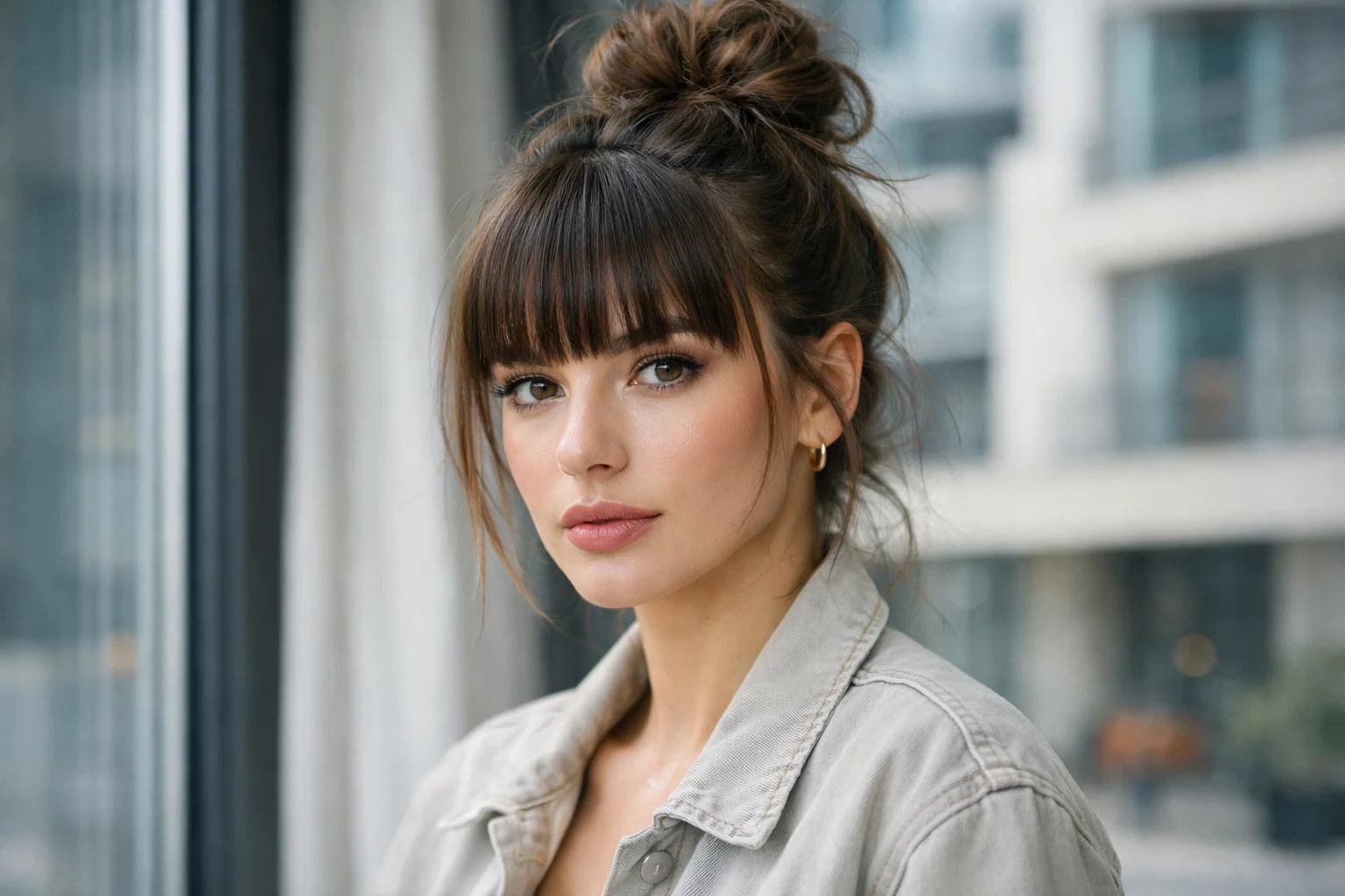 Messy Bun with Blunt Bangs