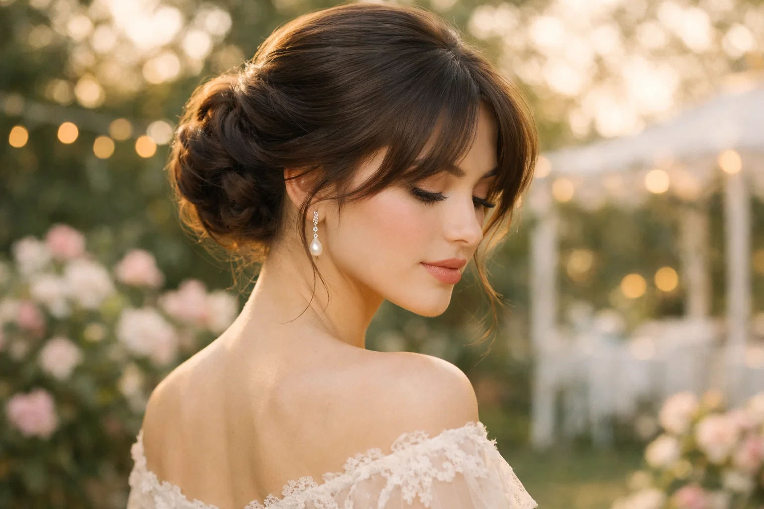 Low Twisted Updo with Curtain Bangs