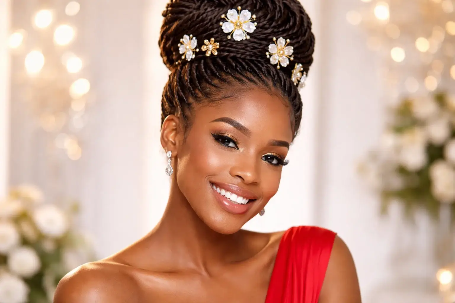 High Braided Bun with Flower Pins