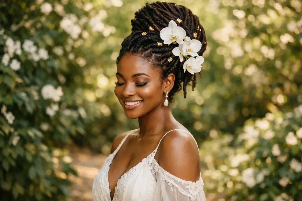 LOCS UPDO WITH FLORAL ACCENTS
