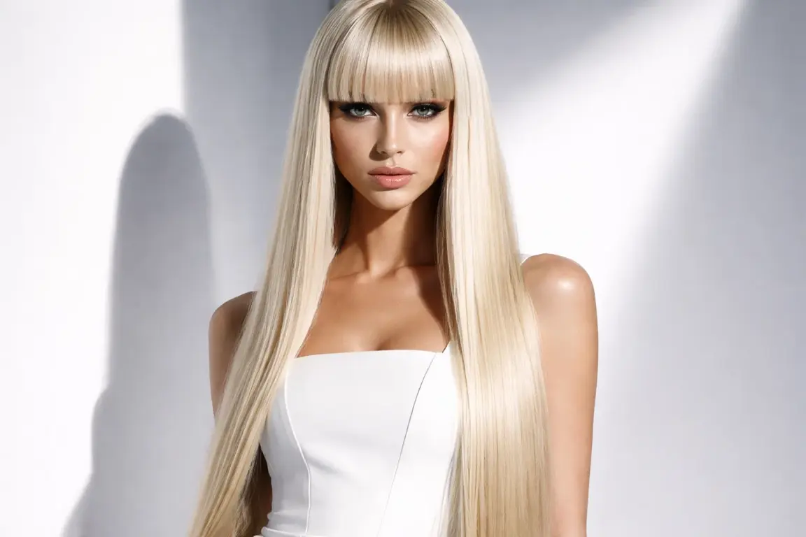 Long Straight Blonde with Heavy Blunt Bangs