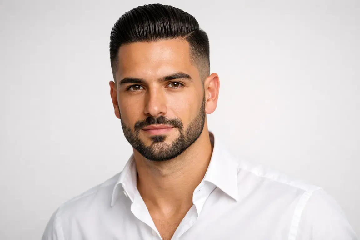 The Short Slick Back with Fade and Circle Beard