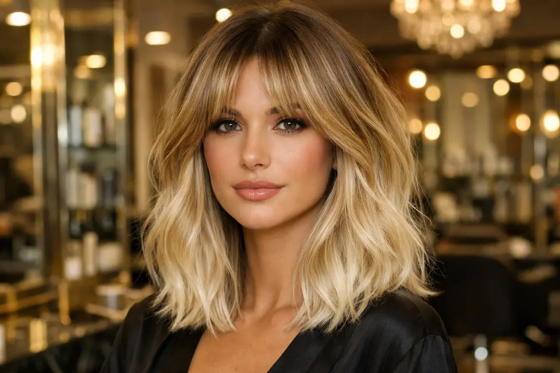 The Collarbone Lob with Color-Melted Blonde and Curtain Bangs
