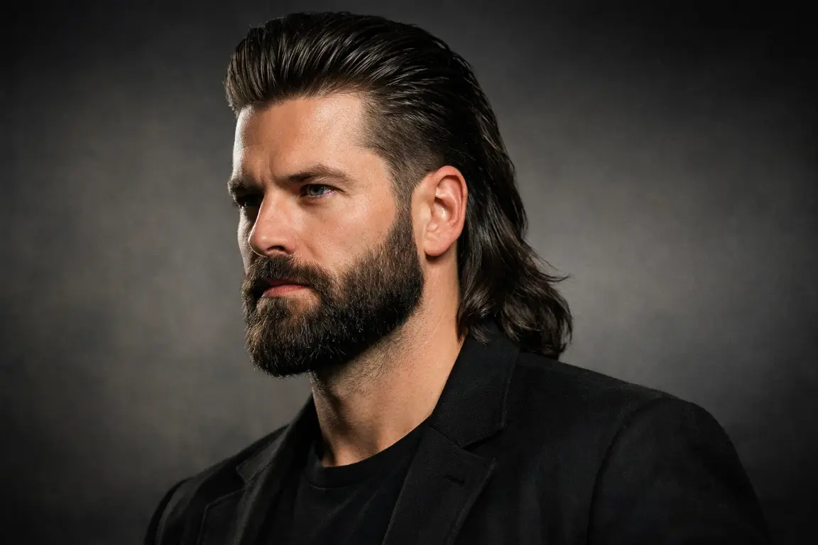 The Modern Slick Back Mullet with Full Beard