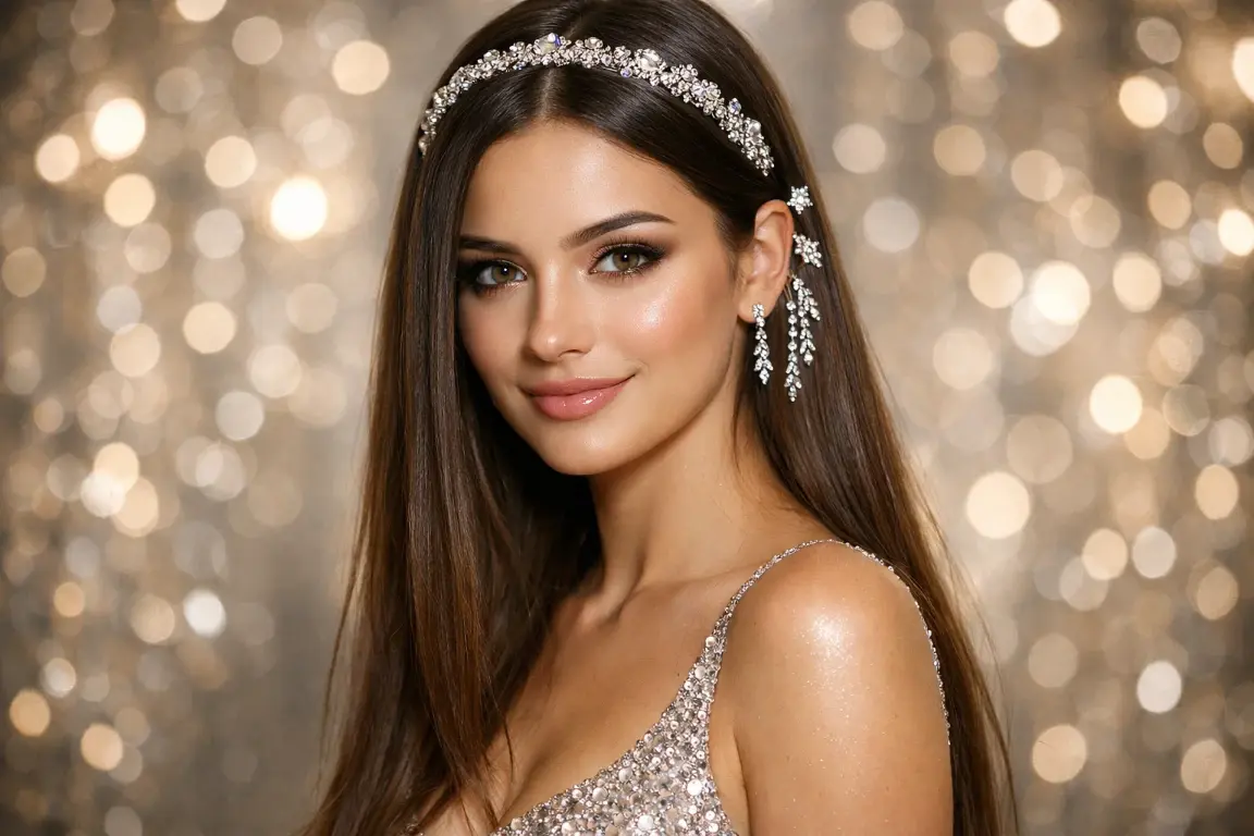 Straight Hair Down with Rhinestone Accessories