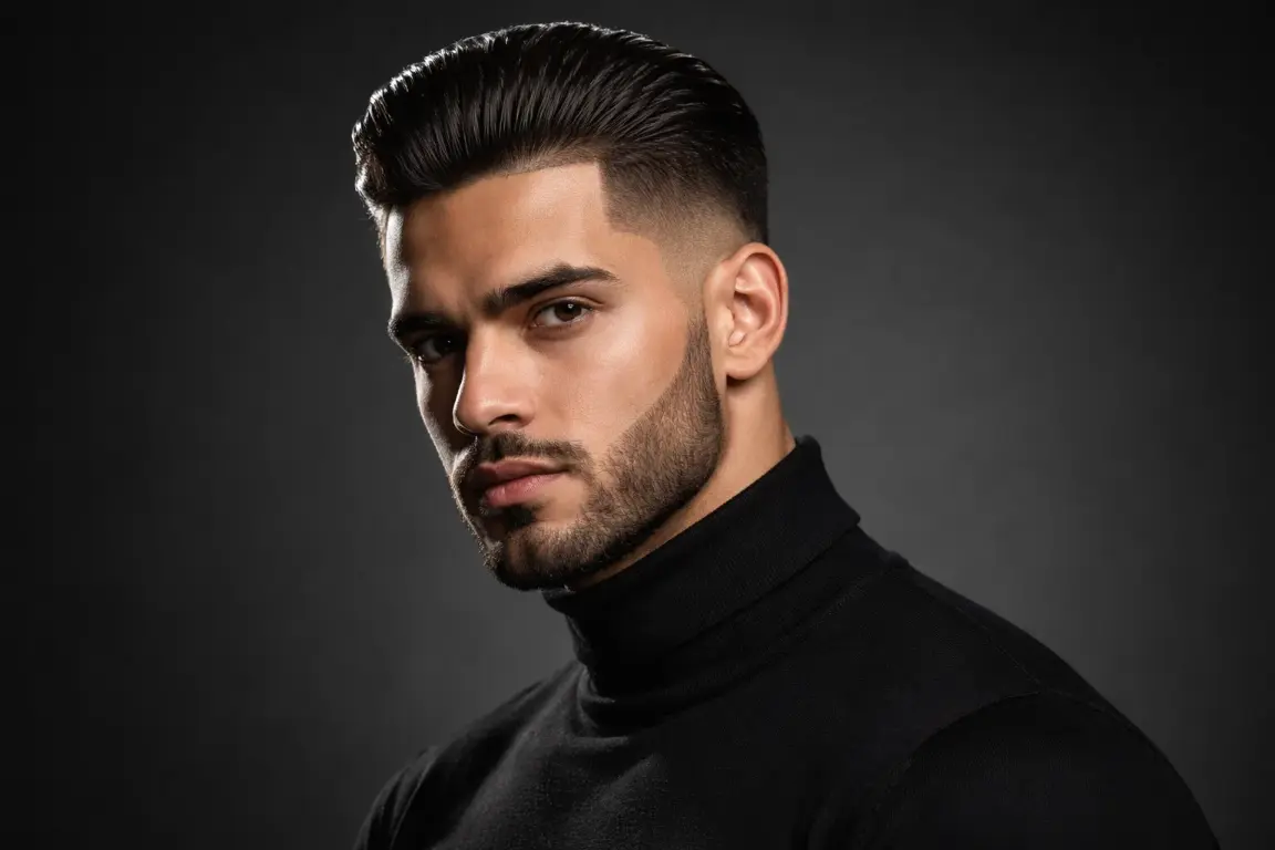 The Slick Back Fade with Short Boxed Beard