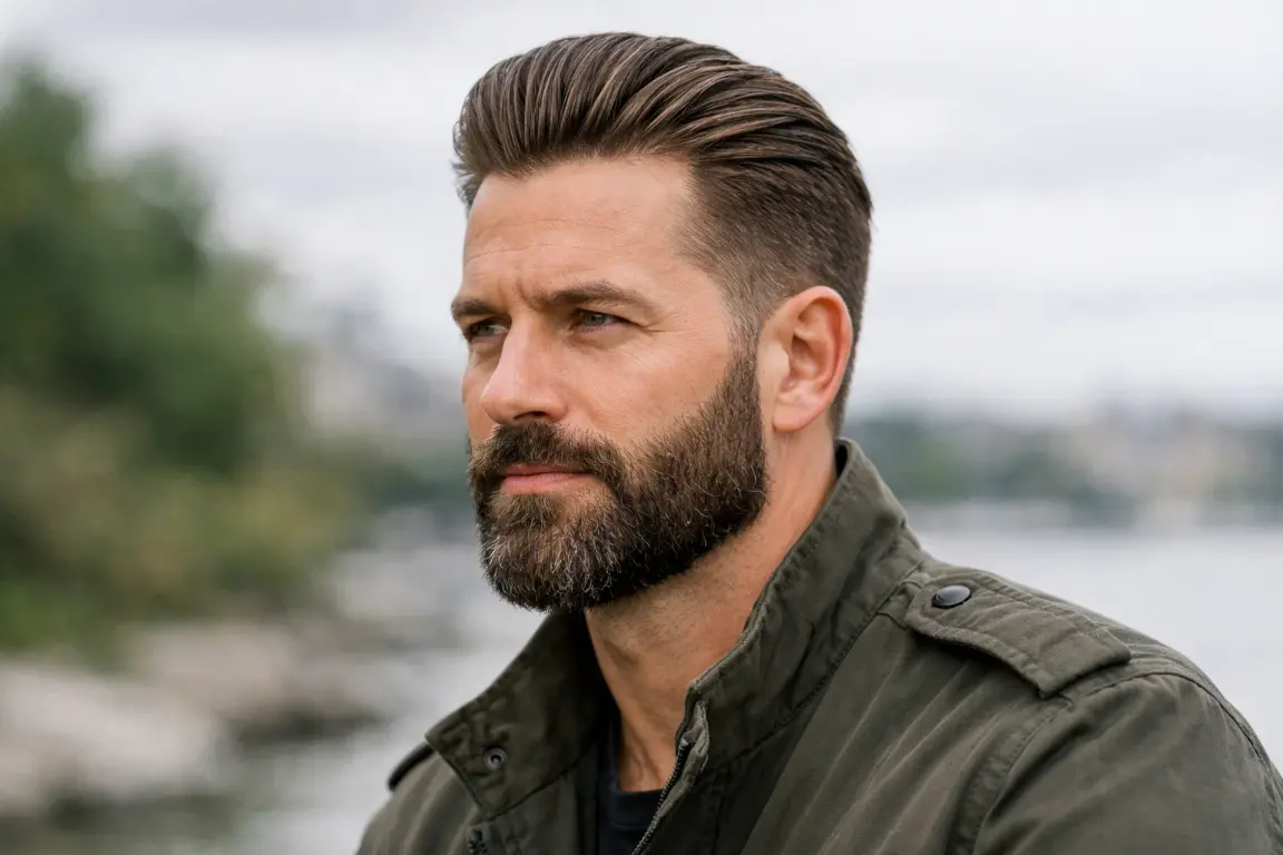 The Slick Back Taper Fade with Medium Full Beard
