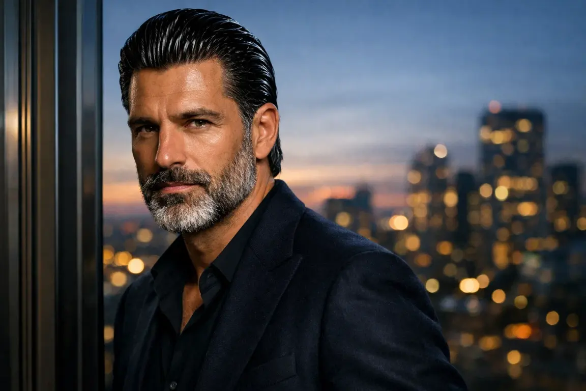 The Wet Look Slick Back with Salt and Pepper Beard