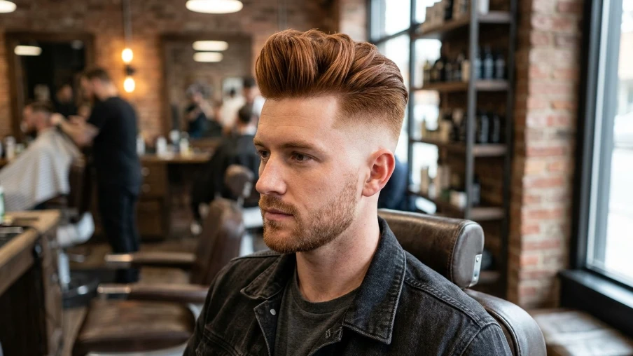 Auburn Pompadour with Skin Fade