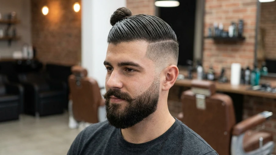 The Low Fade with Bun and Thick Beard