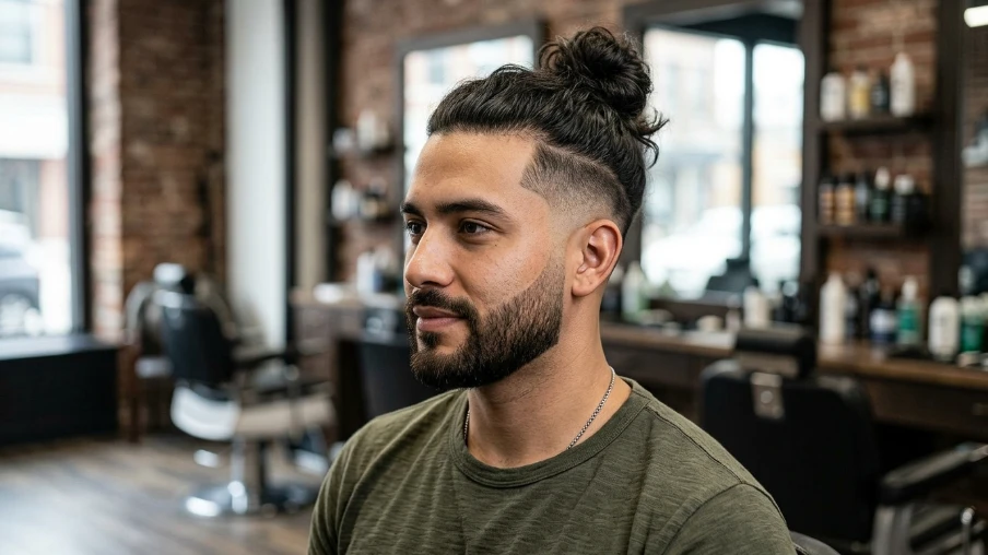 The Man Bun with Fade Haircut and Beard Fade